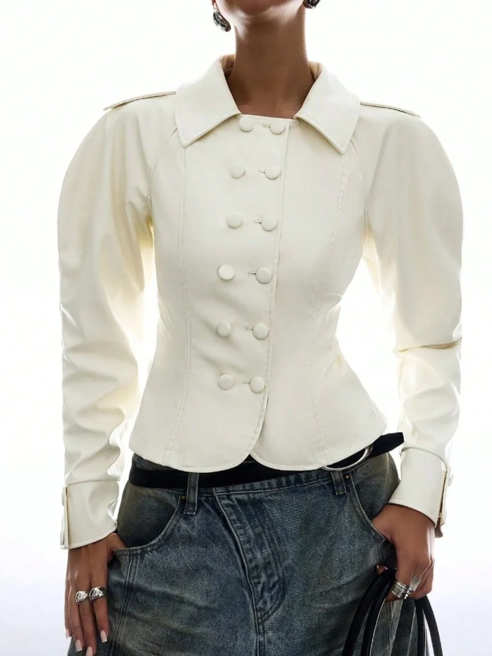 Beige Casual Double-Breasted Puff Long Sleeve Women's Elegant Streetwear Jacket